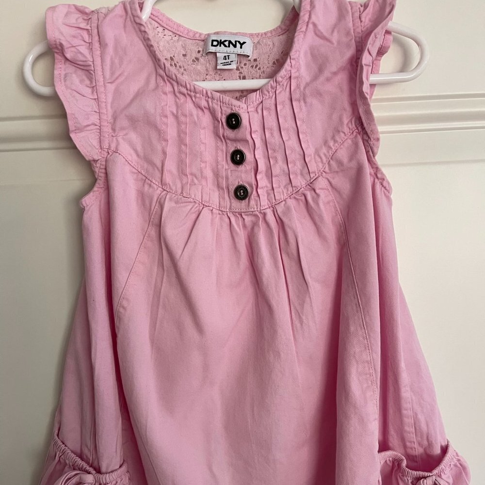 DKNY Dress 4t Pink 100%Cotton, Lace Back, Ruffle Toppers, Tucked Bodice Summer